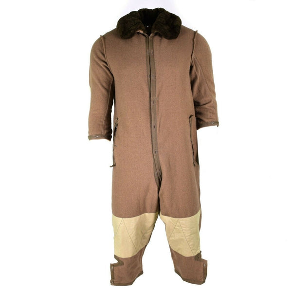 Genuine Italian Army coverall liner suit with zip front, fur collar, padded knees, and durable military jumpsuit design.