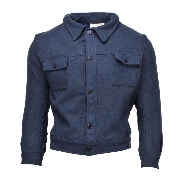 Veste vintage en gabardine de laine militaire italienne authentique en bleu avec fermeture boutonnée et poches poitrine, design robuste et durable.