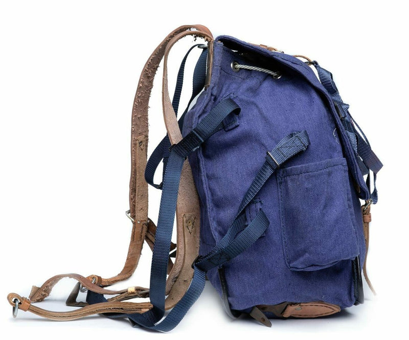 Genuine Romanian army rucksack made of durable blue canvas with adjustable straps and military surplus design.