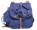 Genuine Romanian army rucksack in blue canvas with adjustable straps and leather buckle for durable military use.