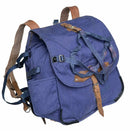 Genuine Romanian Army rucksack in blue canvas with leather straps and multiple compartments for durable outdoor use.