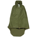 Genuine Romanian Army olive waterproof tarpaulin poncho with hood and button closures for rain protection and shelter use.