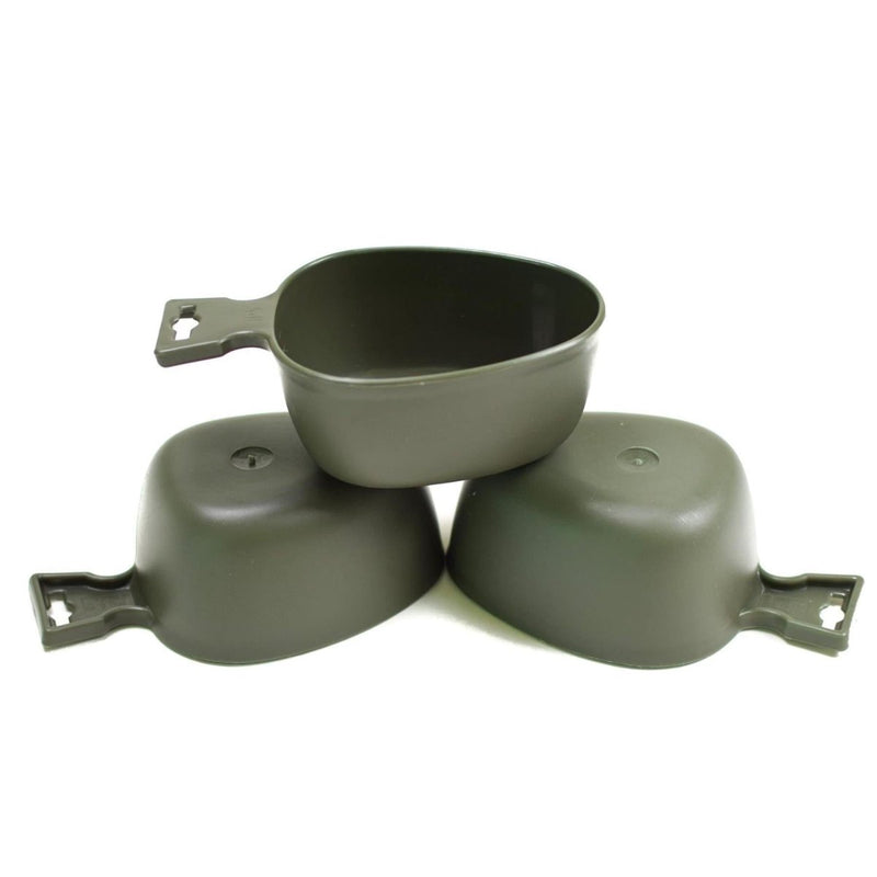 Three genuine Swedish army plastic mugs stacked, designed for durable outdoor use and hot beverages.