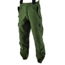 Genuine Swedish thermal olive green BDU pants with braces, designed for extreme cold weather and rugged outdoor use.