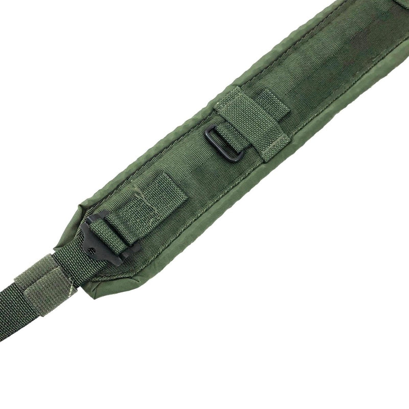 Close-up of genuine US Army LC-2 military belt suspenders padded shoulder strap with ALICE webbing attachments