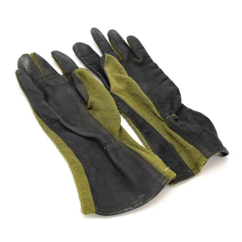 Genuine US Army combat gloves with black leather and olive drab Nomex for flame resistance and grip.