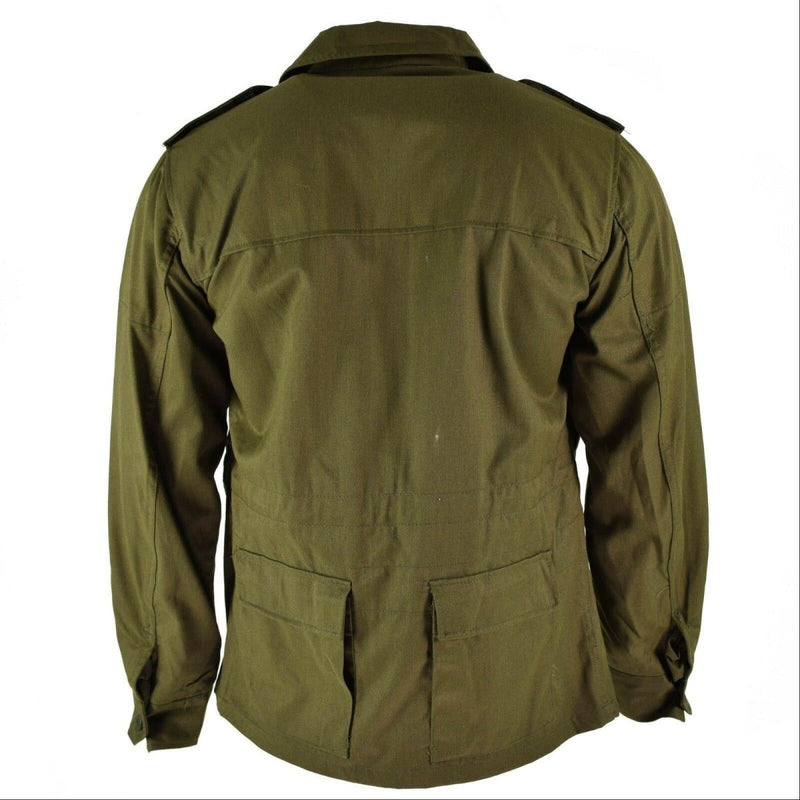 Back view of genuine vintage Czech army M85 field jacket in olive green military fabric.