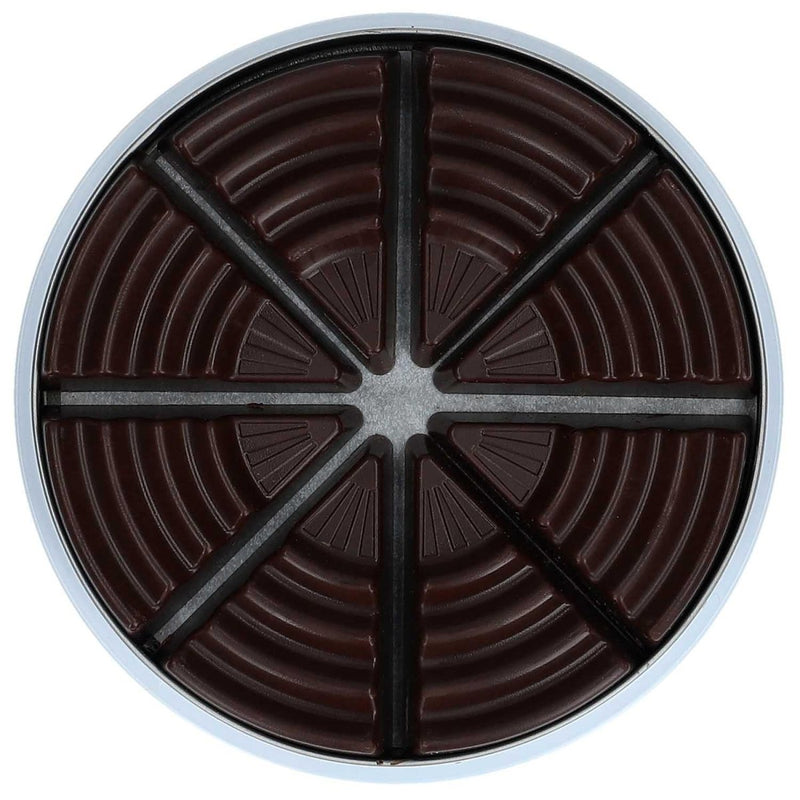 Open tin of German Energy Dark Chocolate SCHO-KA-KOLA with eight triangular caffeine-infused pieces arranged in a circle