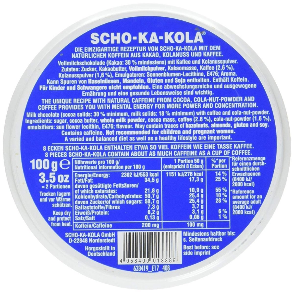 Chocolat au lait énergétique allemand SCHO-KA-KOLA au lait entier 100 g boîte bleue