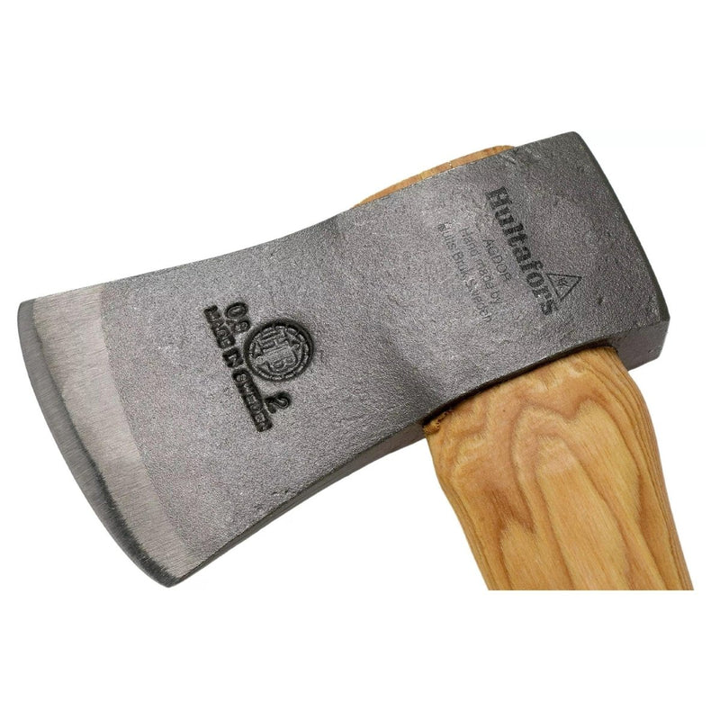 HULTAFORS felling axe with durable carbon steel head and ergonomic hickory wood handle for precision woodcutting.