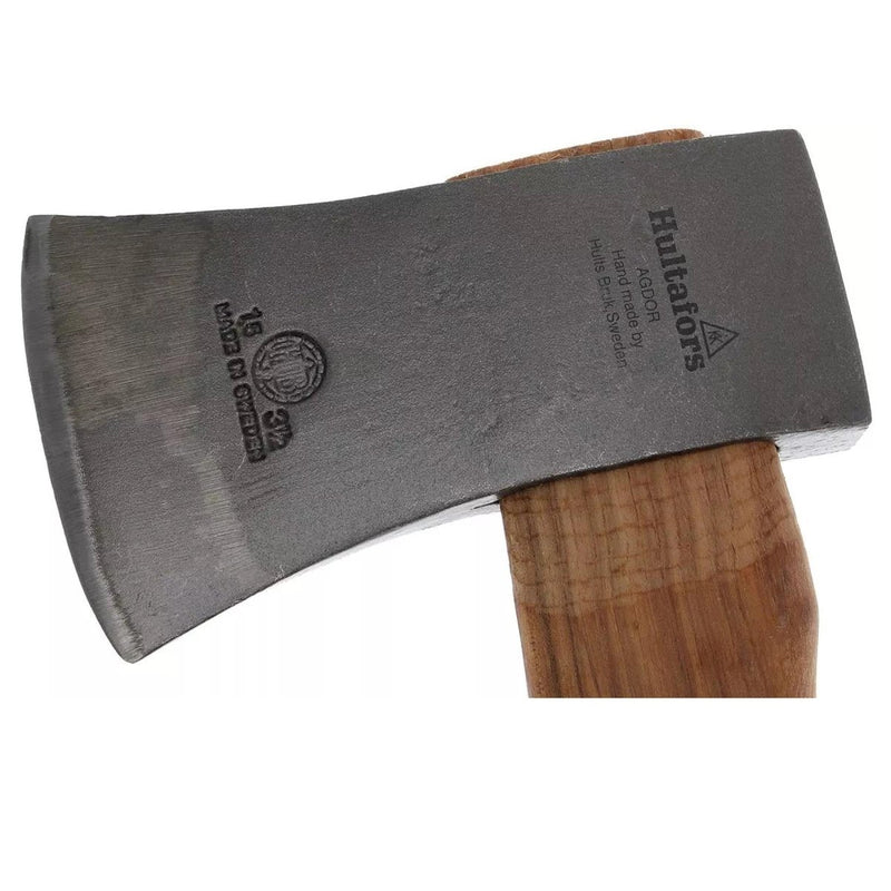 Close-up of HULTAFORS HY 10-1.5 SV felling axe head made of durable carbon steel with a hickory wood handle