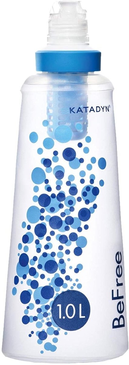 Katadyn BeFree 1.0L lightweight water bottle with blue cap and filtration system for outdoor purification