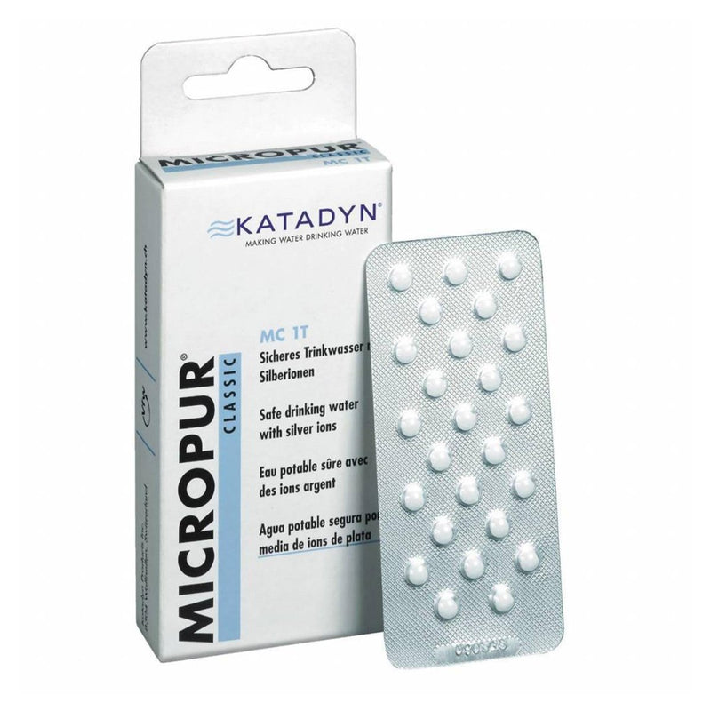 Katadyn Micropur Classic MC 1T water purification tablets pack with blister, safe drinking water with silver ions.