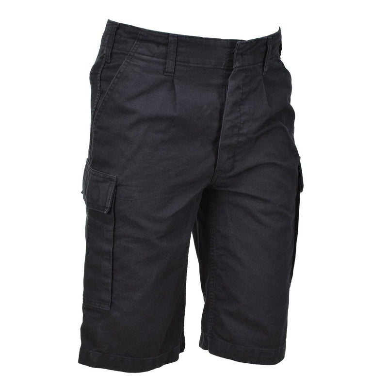 Black knee-length military bermuda shorts with cargo pockets, durable fabric, and adjustable waistband for outdoor use.