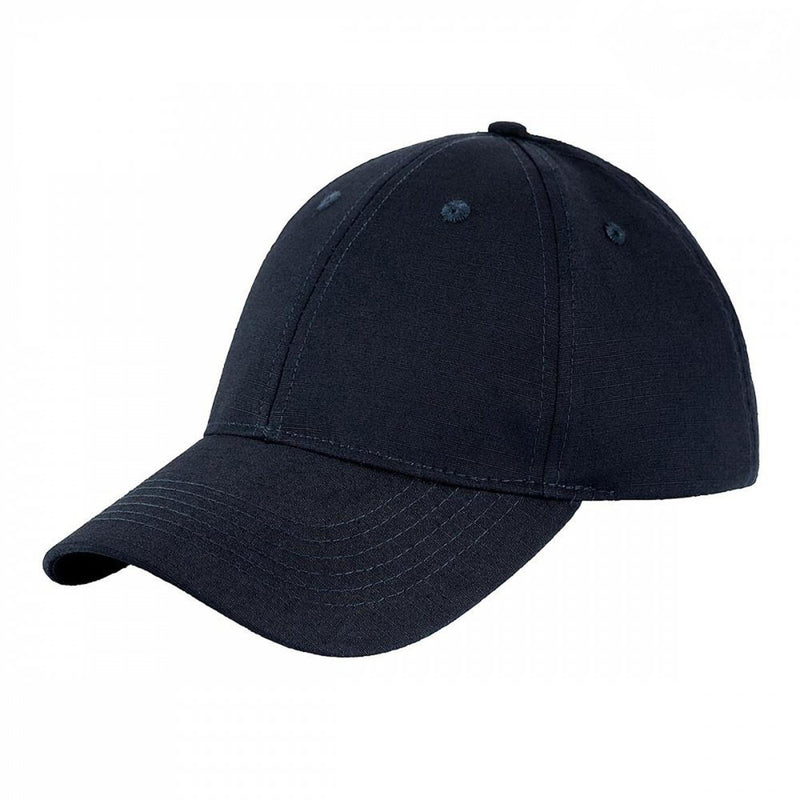 Dark blue lightweight foldable military style baseball cap with adjustable strap and breathable embroidered eyelets.