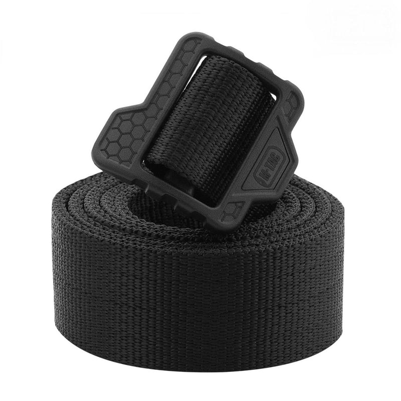 Black M-TAC military tactical combat belt with durable nylon and quick-release plastic buckle rolled up.
