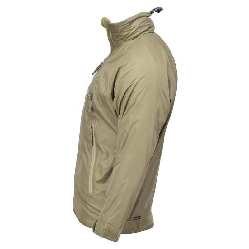 Lightweight thermal anorak jacket in olive drab with hood, front pockets, and adjustable cuffs for outdoor sports.