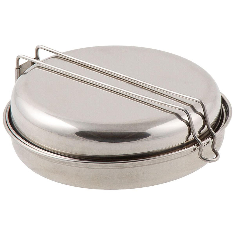 Compact stainless steel 5-piece mess kit with pot, pan, bowl, and lid for camping, hiking, and trekking use.