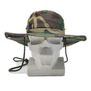 Woodland camouflage boonie hat with wide brim and adjustable chin strap on a white mannequin head