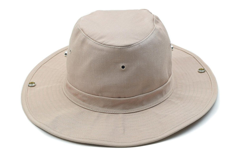 Khaki MFH brand military style wide brim boonie hat with ventilation holes and adjustable chin strap for sun protection.