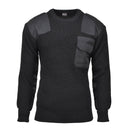Black MFH Brand German army sweater with rib-knit wool, reinforced shoulder and elbow patches, and front utility pocket.