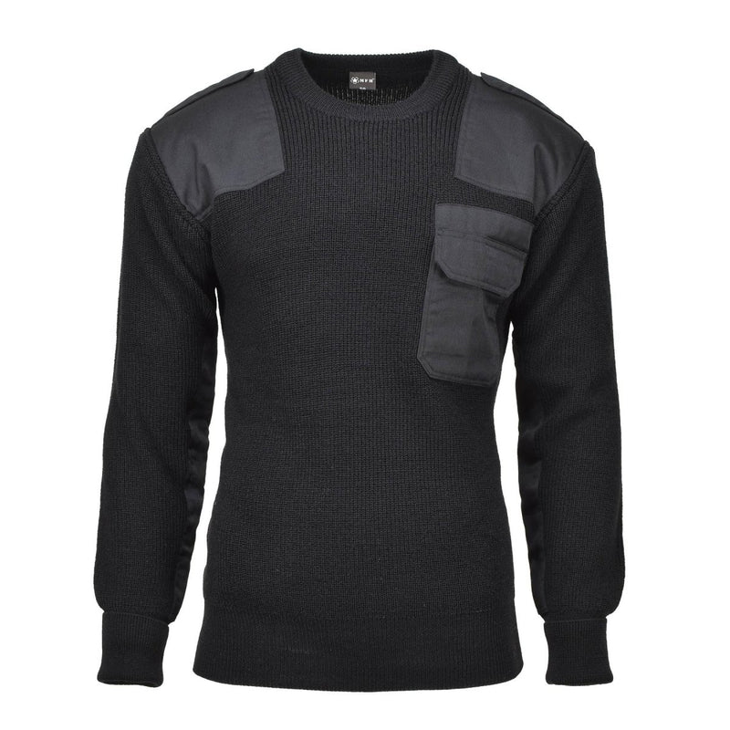 Black MFH Brand German army sweater with rib-knit wool, reinforced shoulder and elbow patches, and front utility pocket.