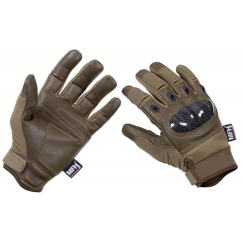 MFH Brand tactical coyote combat gloves with breathable knuckle protectors and foldable thumb and forefinger design