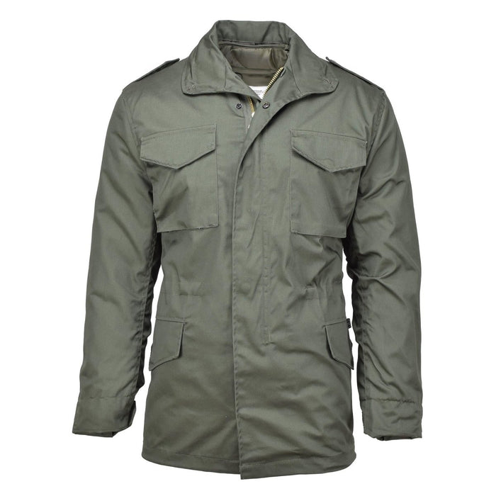 Veste de campagne M65 de l'armée américaine de marque MFH en olive terne avec doublure matelassée et plusieurs poches, parka de style militaire.