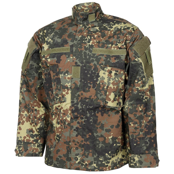 Veste de style militaire américain de marque MFH en ripstop camouflage flecktarn avec plusieurs poches et coudes renforcés