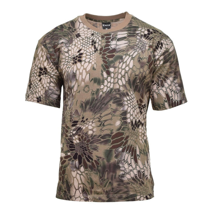 Maillot de corps militaire américain à manches courtes de marque MFH en camouflage serpent FG avec tissu léger et respirant pour un usage actif.