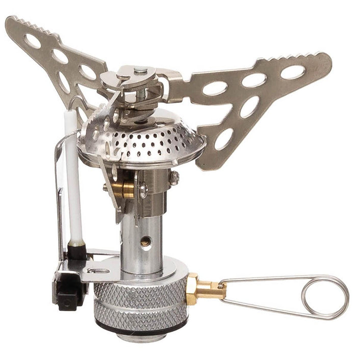 Réchaud à gaz piézo-électrique compact et léger pliable MFH pour camping et randonnée avec une conception stable et une production de chaleur efficace pour la cuisine en plein air.