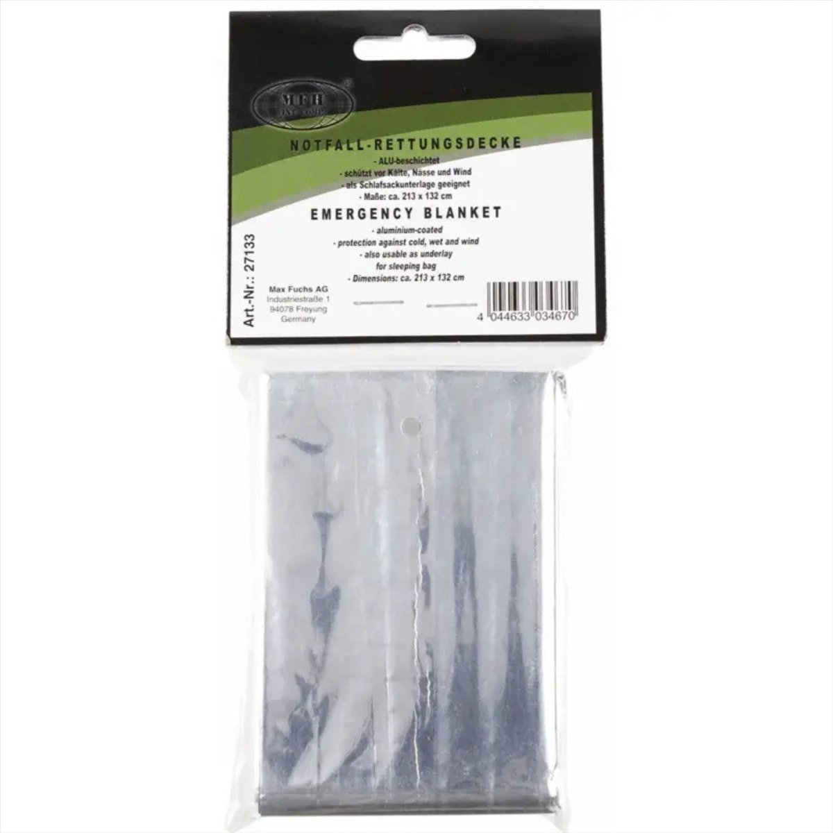 Couverture de survie d'urgence MFH 213 × 132 cm, feuille de survie enduite d'aluminium