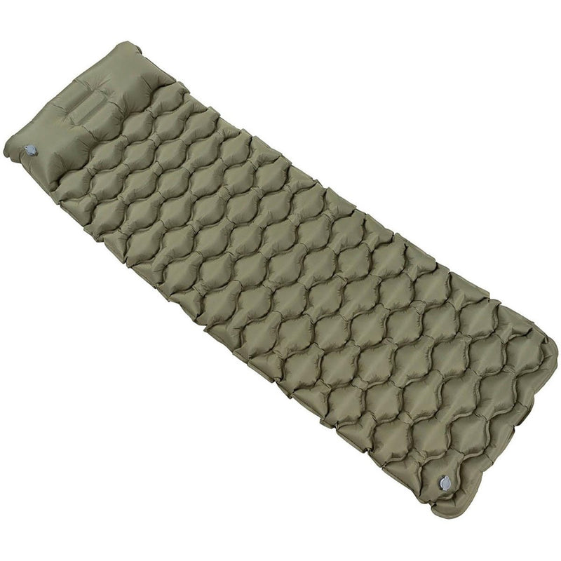 Olive green inflatable sleeping pad with headrest, lightweight, waterproof, and portable for camping and outdoor use
