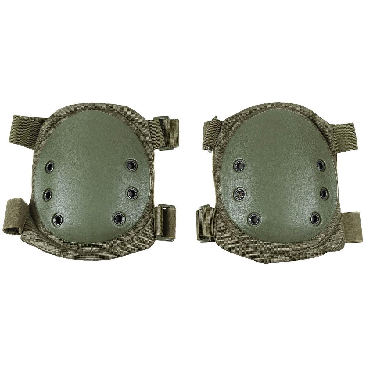 Genouillères de protection de style militaire MFH avec fermeture à crochet et boucle, coque en plastique olive