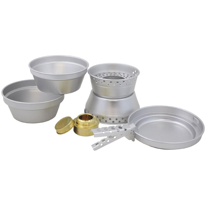 Lightweight MFH PREMIUM aluminum camping cookware set with pots, pan, brass alcohol burner, and folding handle for outdoor use.