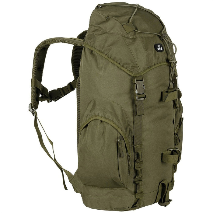 Sac à dos tactique MFH Recon III 35L vert olive avec dos rembourré, bretelles réglables et plusieurs compartiments pour une utilisation en extérieur