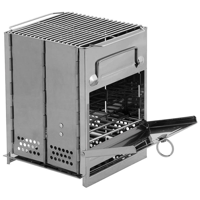 Poêle-fusée pliable portable en acier inoxydable avec grille de barbecue pour des grillades efficaces en camping en plein air.