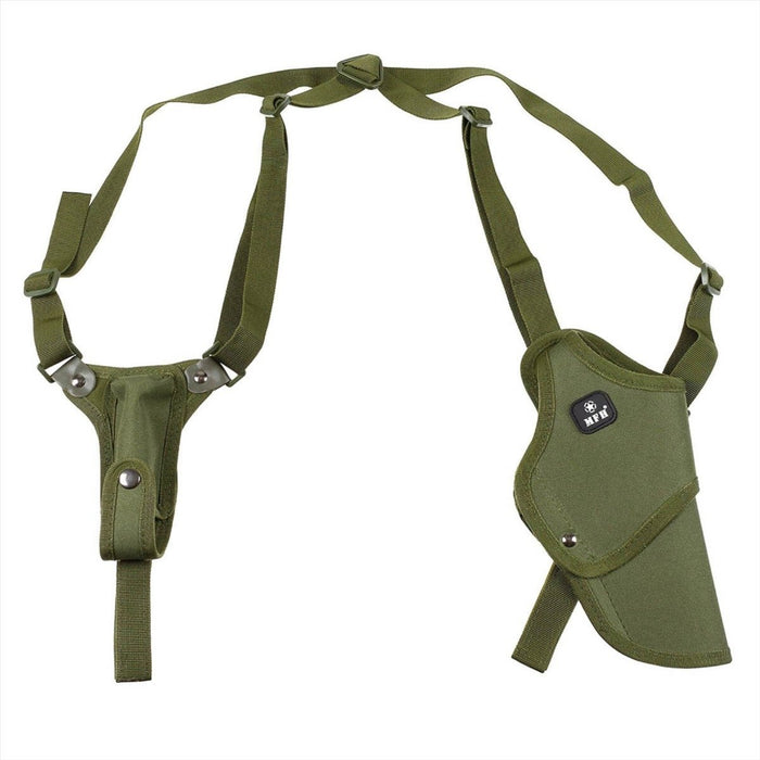 Étui d'épaule en nylon vert réglable pour droitier MFH avec double loquet de sécurité pour un transport tactique ou quotidien
