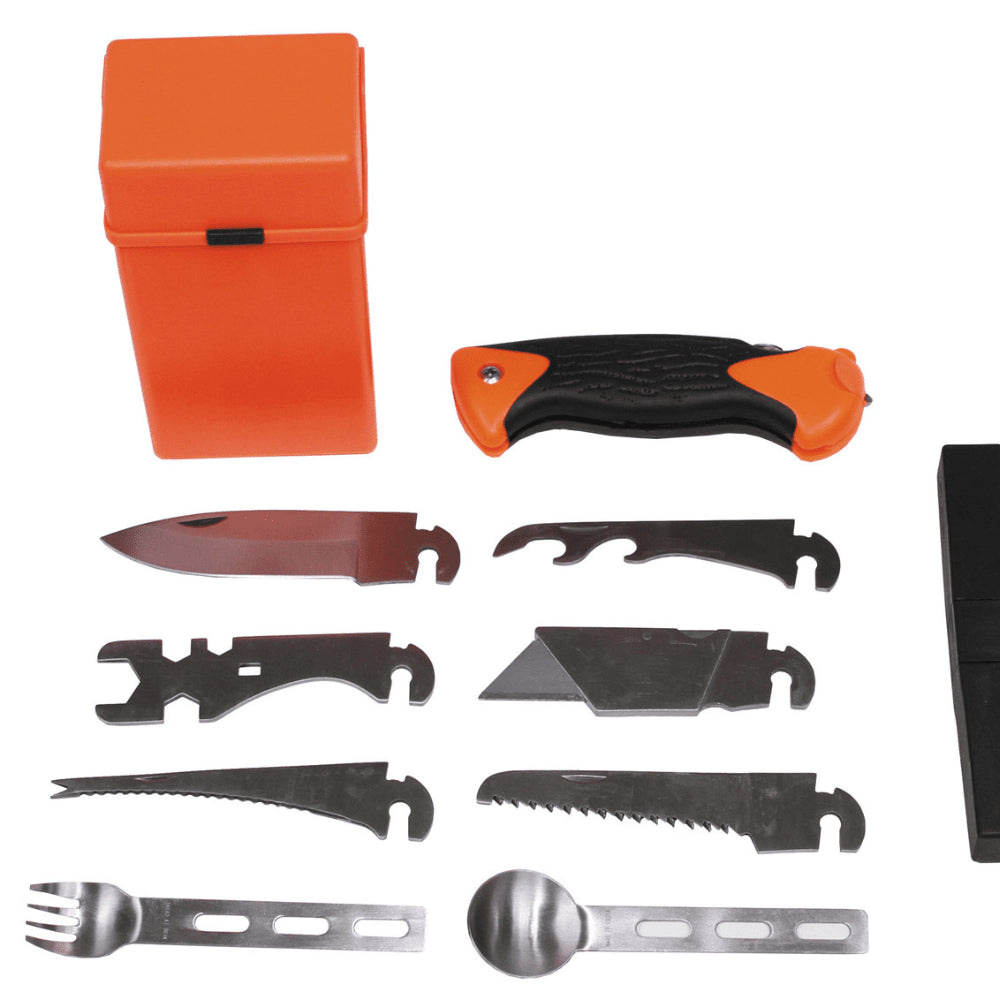 MFH Kit de survie spécial 27 pièces, boîte à outils utilitaire Orange Camping extérieur