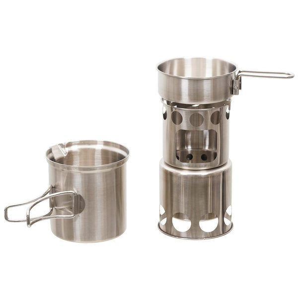 Compact stainless steel camping cook set with pot, pan, and portable stove for outdoor cooking and hiking trips