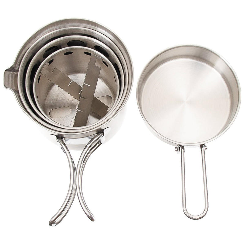 Compact stainless steel camping cook set with pot, pan, and foldable handles for trekking and hiking outdoors.