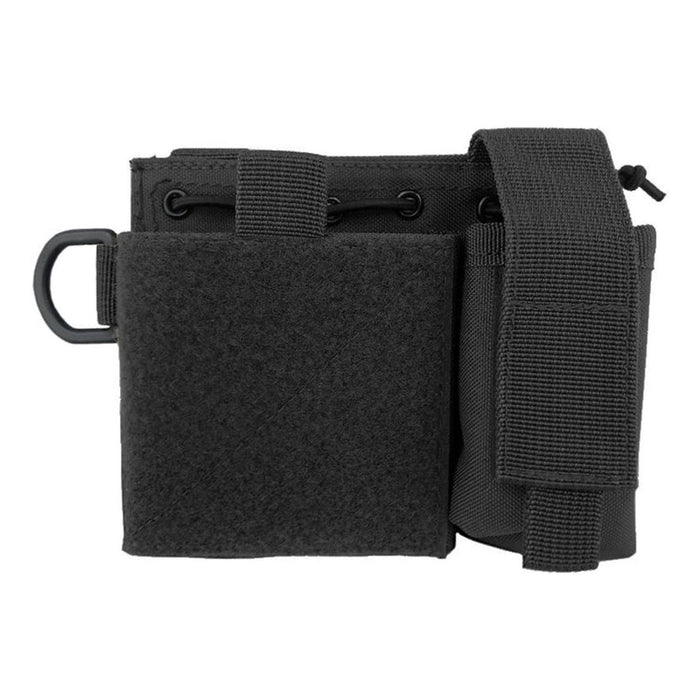 Pochette d'administration MOLLE noire avec plusieurs compartiments, conception durable et sangles de fixation pour l'organisation du matériel tactique.