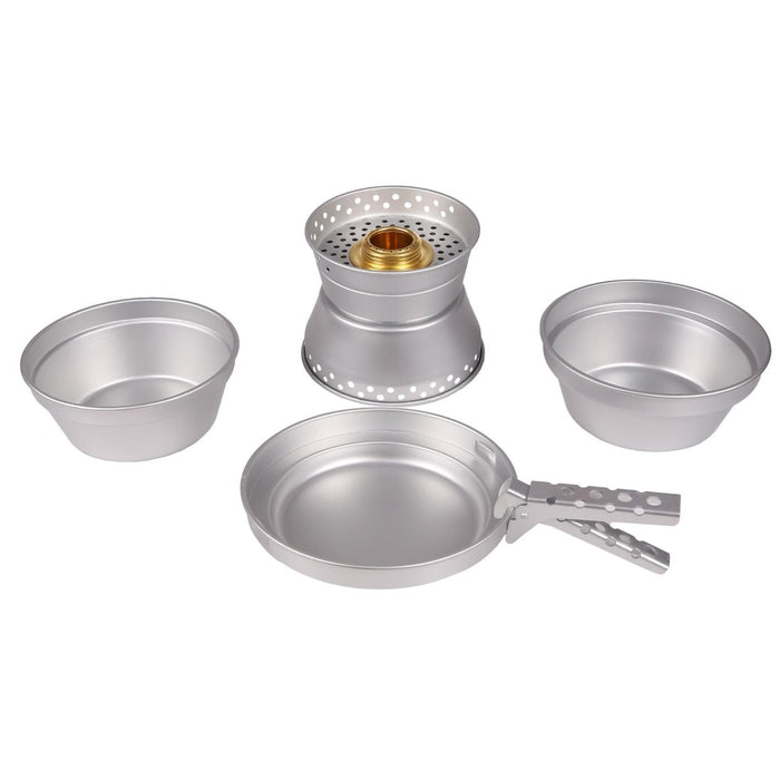 Batterie de cuisine de camping en aluminium MIL-TEC avec deux casseroles, une poêle et un brûleur compact en laiton pour la randonnée et la cuisine en plein air.