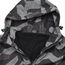 Close-up of MIL-TEC Anorak jacket with splinter night camouflage, hood, and fleece lining for warmth and windproof protection