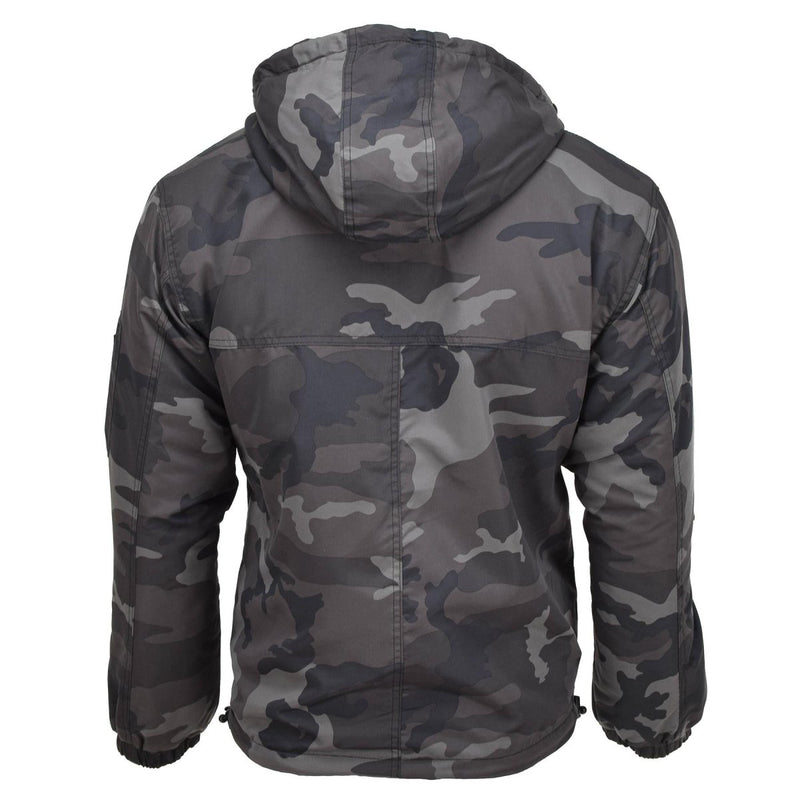Back view of MIL-TEC lightweight CCE night camouflage hooded anorak jacket with elastic cuffs and half-zip closure