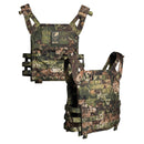 MIL-TEC Gen II camouflage plate carrier vest with MOLLE webbing, adjustable straps, and reinforced durable fabric design.