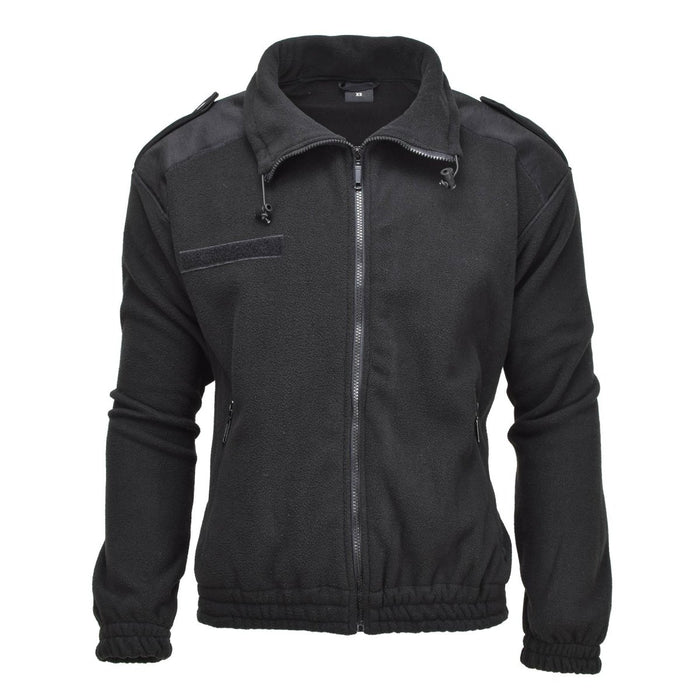 Black MIL-TEC German Military style fleece pullover jacket with full zipper, reinforced shoulders, and elastic cuffs for cold weather.