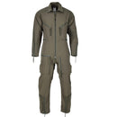 Mil-Tec olive green German army-style men's coverall jumpsuit with multiple zippered pockets and durable fabric.