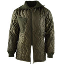 Olive green Mil-Tec German army quilted field jacket with insulated liner, zip front, and chest pocket detail
