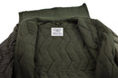 Mil-Tec German army quilted liner jacket showing detailed stitching and insulating inner fabric in olive green color